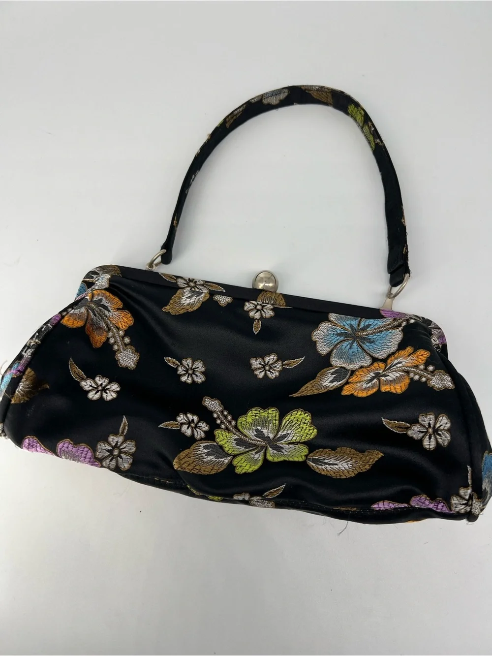 Floral Satin Top-Handle Clutch Bag – Black with Multicolor Flowers